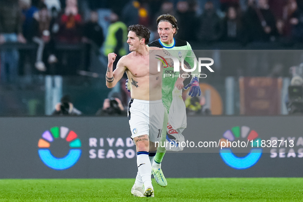 Nicolo Zaniolo of Atalanta BC celebrates after scoring second goal during the Serie A Enilive match between AS Roma and Atalanta BC at Stadi...