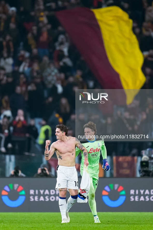 Nicolo Zaniolo of Atalanta BC celebrates after scoring second goal during the Serie A Enilive match between AS Roma and Atalanta BC at Stadi...