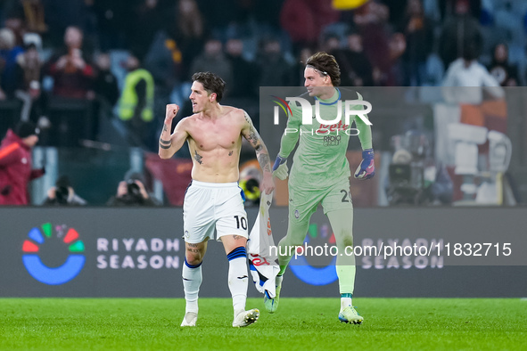 Nicolo Zaniolo of Atalanta BC celebrates after scoring second goal during the Serie A Enilive match between AS Roma and Atalanta BC at Stadi...