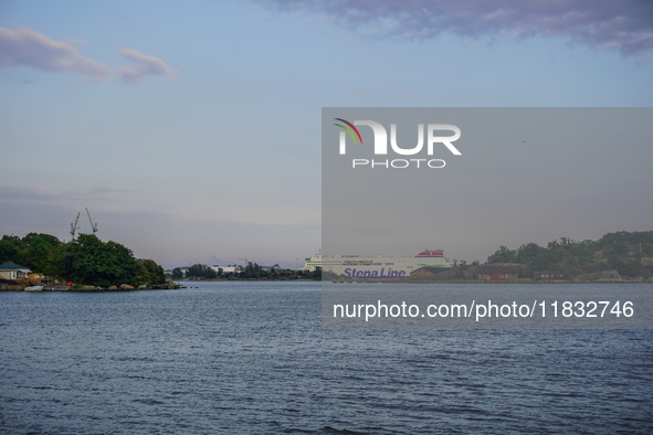 A general view of the coast of the Baltic Sea with a Stena Line ferry in the background is seen in Karlskrona, Sweden, on August 15, 2024. 