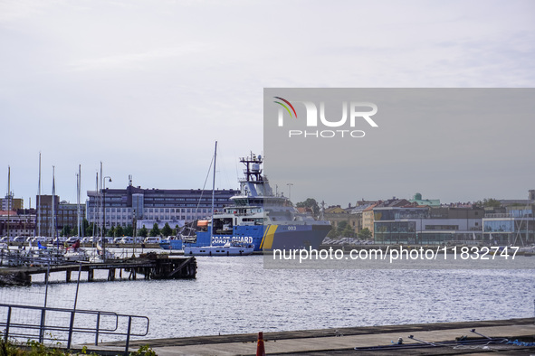 A Coast Guard ship is in port in Karlskrona, Sweden, on August 15, 2024. 