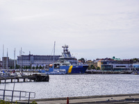 A Coast Guard ship is in port in Karlskrona, Sweden, on August 15, 2024. (