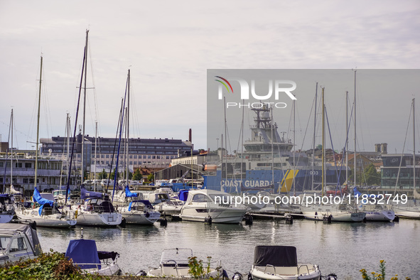 A Coast Guard ship is in port in Karlskrona, Sweden, on August 15, 2024. 