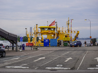 A free yellow ferry connecting the main island on the Karlskrona archipelago is seen in Karlskrona, Sweden, on August 15, 2024. (