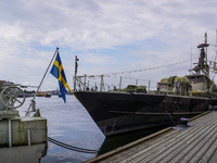 Navy vessels sit in the port in front of the Naval Museum in Karlskrona, Sweden, on August 15, 2024. (