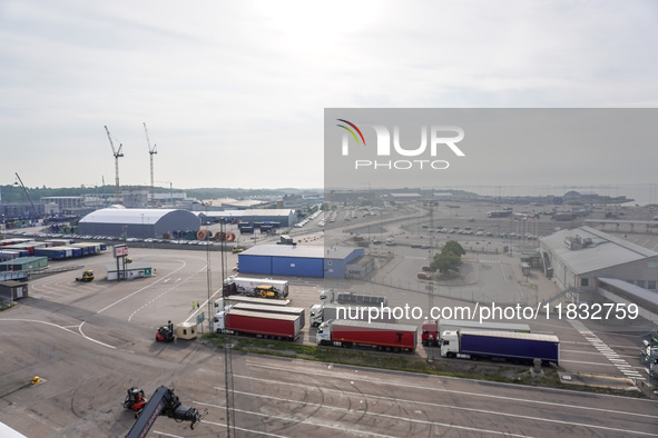 A general view of the Karlskrona port and ferry terminal is seen in Karlskrona, Sweden, on August 16, 2024. 