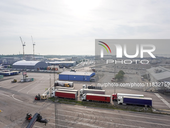 A general view of the Karlskrona port and ferry terminal is seen in Karlskrona, Sweden, on August 16, 2024. (