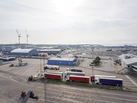 A general view of the Karlskrona port and ferry terminal is seen in Karlskrona, Sweden, on August 16, 2024. (