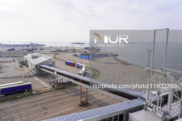 A general view of the Karlskrona port and ferry terminal is seen in Karlskrona, Sweden, on August 16, 2024. 