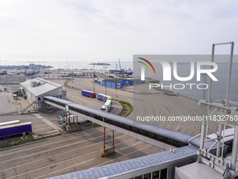 A general view of the Karlskrona port and ferry terminal is seen in Karlskrona, Sweden, on August 16, 2024. (