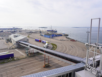 A general view of the Karlskrona port and ferry terminal is seen in Karlskrona, Sweden, on August 16, 2024. (