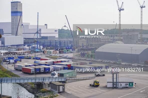 A general view of the Karlskrona port and ferry terminal is seen in Karlskrona, Sweden, on August 16, 2024. 