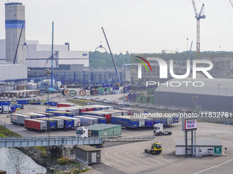 A general view of the Karlskrona port and ferry terminal is seen in Karlskrona, Sweden, on August 16, 2024. (