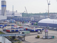 A general view of the Karlskrona port and ferry terminal is seen in Karlskrona, Sweden, on August 16, 2024. (