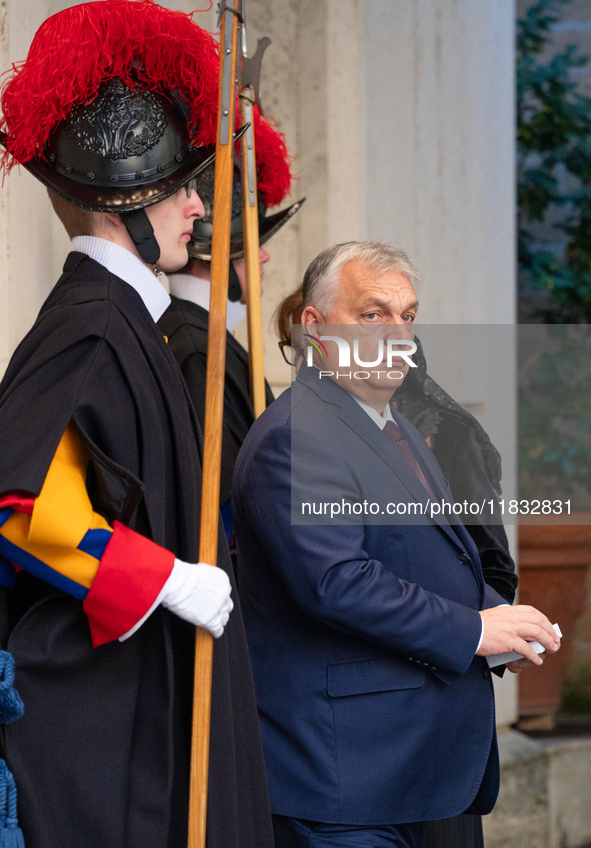 Hungary's Prime Minister Viktor Orban arrives for a meeting with Pope Francis at The Vatican, on December 4, 2024. 