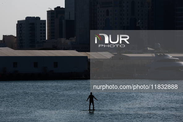 A person uses jetlev in Doha, Qatar on December 3, 2024. 