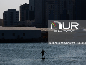 A person uses jetlev in Doha, Qatar on December 3, 2024. (