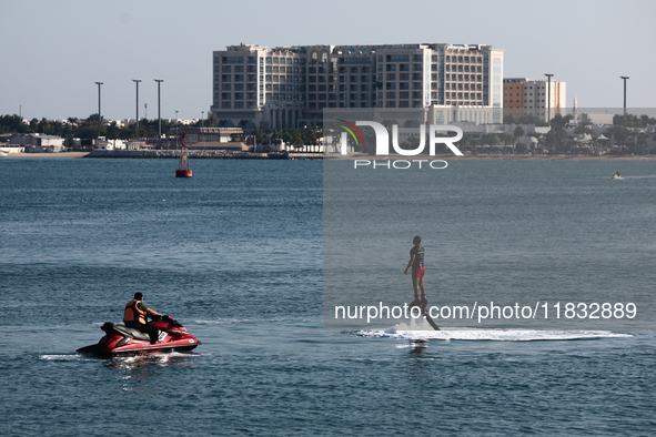 A person uses jetlev in Doha, Qatar on December 3, 2024. 