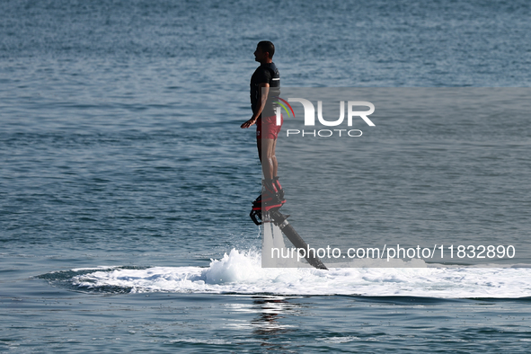 A person uses jetlev in Doha, Qatar on December 3, 2024. 