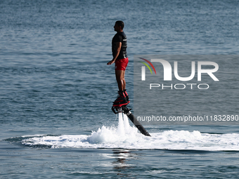 A person uses jetlev in Doha, Qatar on December 3, 2024. (