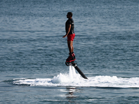 A person uses jetlev in Doha, Qatar on December 3, 2024. (