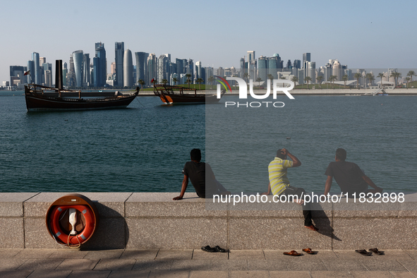 A view of the city and wooden boats in Doha, Qatar on December 3, 2024. 