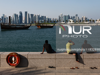 A view of the city and wooden boats in Doha, Qatar on December 3, 2024. (