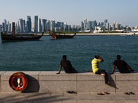 A view of the city and wooden boats in Doha, Qatar on December 3, 2024. (