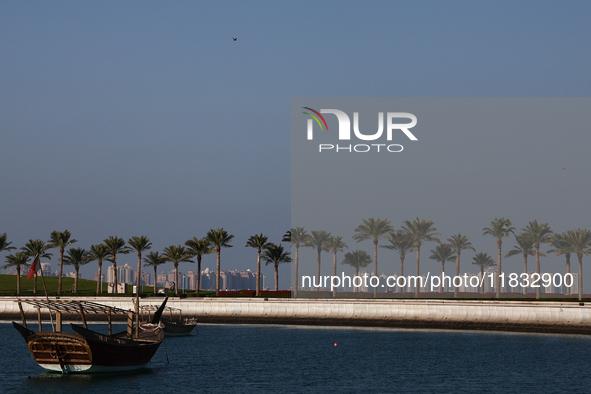 A view of the city and wooden boats in Doha, Qatar on December 3, 2024. 