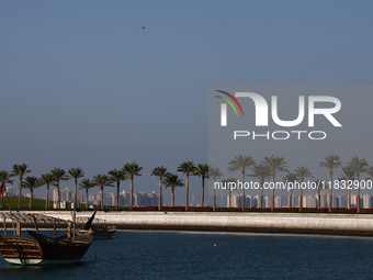 A view of the city and wooden boats in Doha, Qatar on December 3, 2024. (