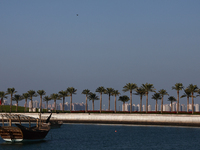 A view of the city and wooden boats in Doha, Qatar on December 3, 2024. (