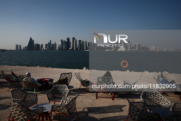 A view of the city, Doha Bay and outdoor cafe in Doha, Qatar on December 3, 2024. 