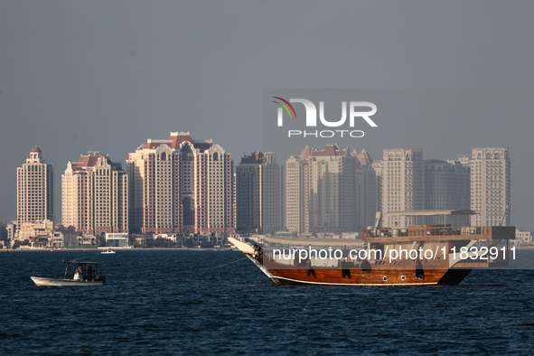 A wooden boat is seen at Doha Bay in Doha, Qatar on December 3, 2024. 