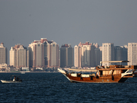 A wooden boat is seen at Doha Bay in Doha, Qatar on December 3, 2024. (