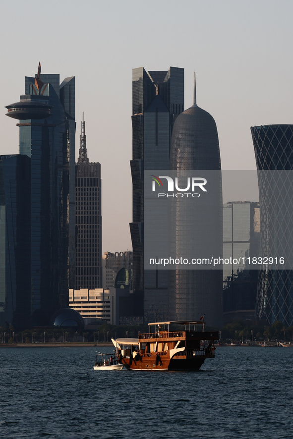 A wooden boat is seen at Doha Bay in Doha, Qatar on December 3, 2024. 