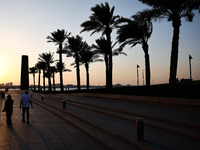 The 7 Sculpture and palm trees are seen in Doha, Qatar on December 3, 2024. (