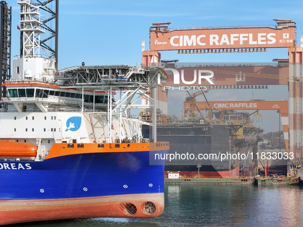 Multi-type offshore equipment and special ships are under construction at CIMC Raffles' Yantai construction base in Yantai, China, on Decemb...