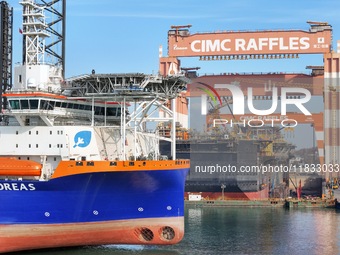 Multi-type offshore equipment and special ships are under construction at CIMC Raffles' Yantai construction base in Yantai, China, on Decemb...