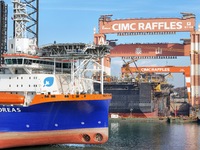 Multi-type offshore equipment and special ships are under construction at CIMC Raffles' Yantai construction base in Yantai, China, on Decemb...