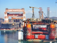 Multi-type offshore equipment and special ships are under construction at CIMC Raffles' Yantai construction base in Yantai, China, on Decemb...