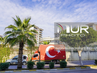 A delivery truck with a giant Turkish flag painted on the side is seen in Alanya, Antalya, Turkey, on November 3, 2024. (