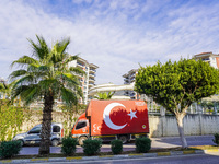 A delivery truck with a giant Turkish flag painted on the side is seen in Alanya, Antalya, Turkey, on November 3, 2024. (