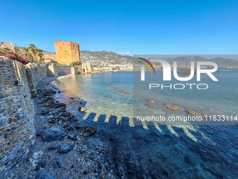 A general view of the Mediterranean Sea with a cruise ship for tourists is seen in Alanya, Antalya, Turkey, on November 5, 2024. (