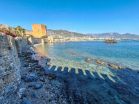 A general view of the Mediterranean Sea with a cruise ship for tourists is seen in Alanya, Antalya, Turkey, on November 5, 2024. (