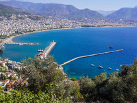 A general aerial view shows the dense urban development and the Mediterranean Sea coast in Alanya, Antalya, Turkey, on November 5, 2024. (