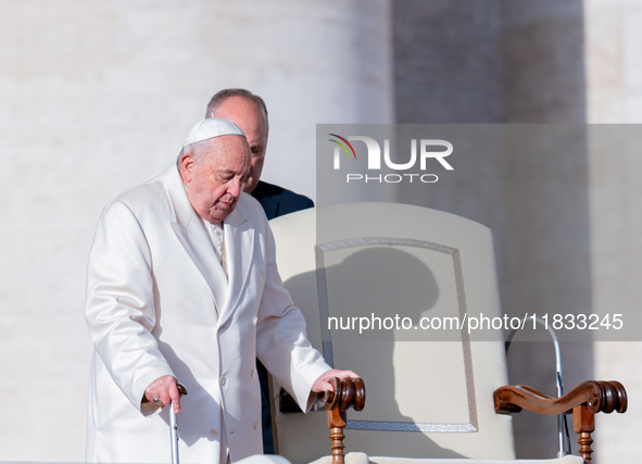 Pope Francis holds a weekly General Audience in St. Peter's Square in Vatican City, Vatican, on December 4, 2024. 