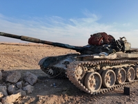 Rebels in northwest Syria seize military vehicles belonging to the regime along the route toward Kweris Airport in the eastern countryside o...