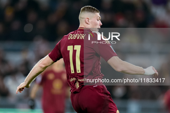 The name of Artem Dovbyk is misspelled on the shirt during the Serie A Enilive match between AS Roma and Atalanta BC at Stadio Olimpico on D...