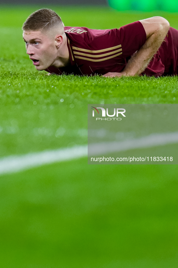 Artem Dovbyk of AS Roma lies down dejected during the Serie A Enilive match between AS Roma and Atalanta BC at Stadio Olimpico on December 0...