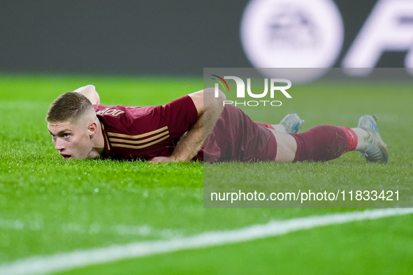 Artem Dovbyk of AS Roma lies down dejected during the Serie A Enilive match between AS Roma and Atalanta BC at Stadio Olimpico on December 0...